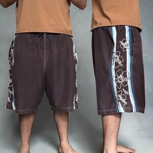 Speedo Hibiscus Board Shorts Black Blue Y2K Retro Baggy Skater Size XL